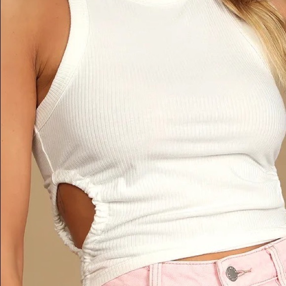 White Ribbed Drawstring Ruched Cutout Tank Top - Picture 5 of 5
